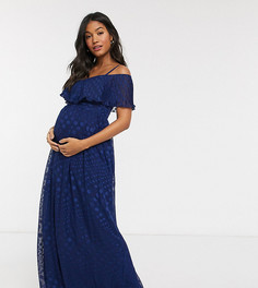Темно-синее жаккардовое платье макси с узором в горошек и открытыми плечами Little Mistress Maternity-Темно-синий