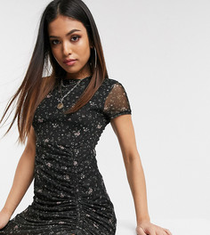 Сетчатое платье миди с цветочным принтом и сборками Missguided Petite-Черный цвет