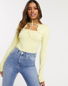Боди светло-желтого цвета с вырезом и длинными рукавами NA-KD-Желтый