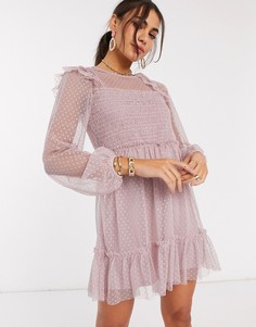 Розовое сетчатое платье с длинными рукавами и сборками River Island-Розовый цвет