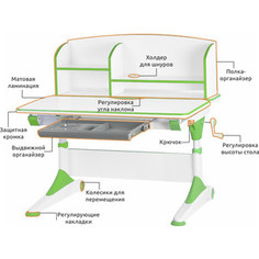 Растущая парта Mealux Alberto green (арт. BD-500 WZ + полка BD-500-2) столешница белая /ножки белые с зеленым