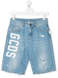 Gcds Kids джинсовые шорты с эффектом потертости и логотипом
