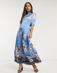 Плиссированное платье макси с поясом и цветочным принтом Liquorish-Синий