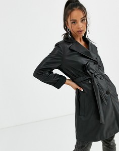 Черное двубортное пальто из искусственной кожи с поясом Bershka-Черный