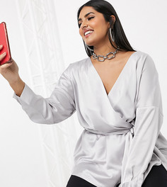 Серебристая oversized-блузка с поясом и глубоким декольте Missguided-Серебряный