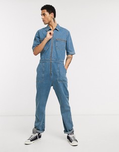 Синий джинсовый комбинезон с короткими рукавами и карманами на молнии ASOS DESIGN