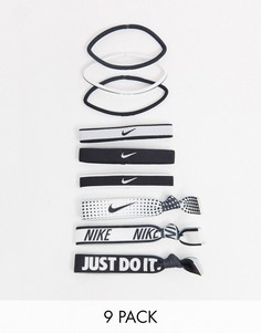 Набор из 9 резинок для волос в черно-белой гамме с принтом логотипа Nike-Многоцветный