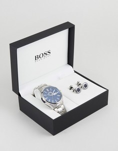 Подарочный набор из часов из нержавеющей стали и синих запонок BOSS-Синий