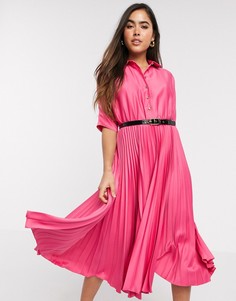Платье-рубашка миди цвета фуксии с короткими рукавами и плиссированной юбкой Closet London-Розовый