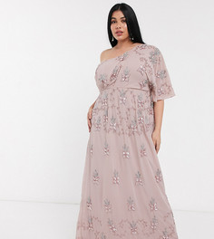 Розовое платье макси на одно плечо с драпировкой и цветочной отделкой Maya Plus-Розовый цвет