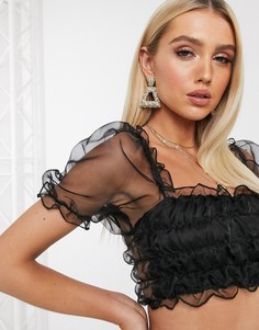 Черный кроп-топ с квадратным вырезом и пышными рукавами из органзы Parisian