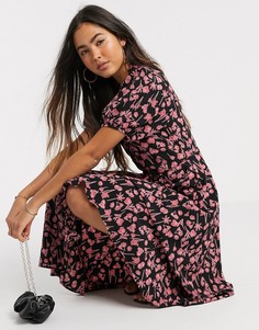 Платье миди с объемными рукавами и цветочным принтом Y.A.S-Мульти