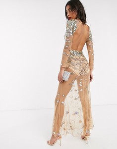 Декорированное пайетками платье макси с открытой спиной ASOS DESIGN-Золотой