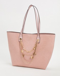 Розовая сумка-шоппер с эффектом крокодиловой кожи и цепочками River Island-Розовый
