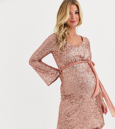 Короткое приталенное платье с отделкой пайетками цвета розового золота и поясом Queen Bee Maternity-Розовый