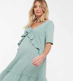 Эксклюзивное шалфейно-зеленое свободное платье с V‑образным вырезом и оборками ASOS DESIGN Maternity-Зеленый