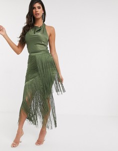 Атласный топ цвета хаки с халтером и свободным воротом ASOS DESIGN-Зеленый цвет