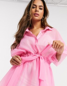 Розовое платье-рубашка oversized из органзы Love & Other Things-Розовый