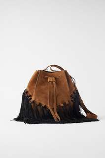 Замшевая сумка-мешок с бахромой Zara