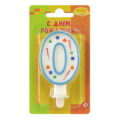 Свеча для торта Патибум "Цифра 0" 7 см., голубое конфетти