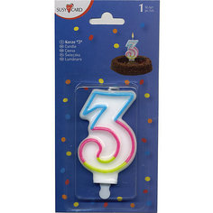 Свеча-цифра для торта Susy Card "3" 7,5 см., радужная