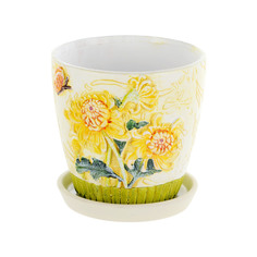 Горшок цветочный с поддоном Dehua ceramic yellow flower 15x15x14см