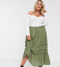 Ярусная юбка макси цвета хаки с кружевной вставкой ASOS DESIGN Curve-Мульти