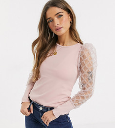 Розовый топ с фактурными сетчатыми длинными рукавами River Island Petite