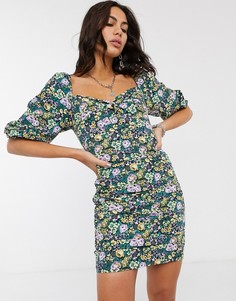 Присборенное платье мини с пышными рукавами и цветочным принтом Bershka-Желтый