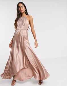Атласное платье макси цвета розового золота со стразами ASOS DESIGN-Бежевый