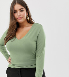 Лонгслив цвета хаки с V-образным вырезом ASOS DESIGN Curve-Зеленый