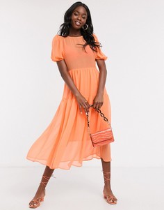 Неоново-оранжевое ярусное прозрачное платье макси с пышными рукавами Never Fully Dressed-Оранжевый