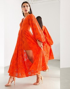 Красное платье миди с пышным рукавом на манжете и вышивкой ришелье ASOS EDITION-Красный
