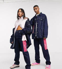 Синие джинсы унисекс прямого кроя с принтом COLLUSION x000-Синий