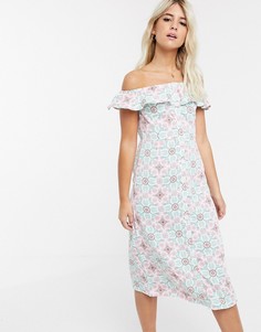 Платье миди с открытыми плечами и мозаичным принтом Glamorous-Мульти