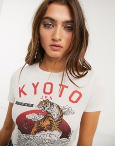 Кремовая футболка с надписью "kyoto" и принтом Topshop-Кремовый