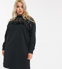 Черное платье-свитшот мини с вышивкой ришелье и оборкой River Island Plus-Черный цвет