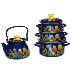 Набор эмалированной посуды Керченский металлургический завод Майский букет (кастрюля 1.5+2.3+3 л, чайник 3 л), 4 предмета