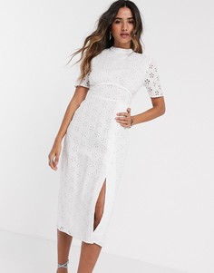 Белое чайное платье миди с вышивкой ришелье ASOS DESIGN-Белый