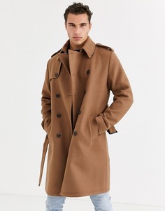 Бежевый двубортный тренч ASOS DESIGN-Коричневый