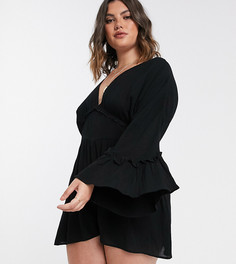 Черный ромпер с оборками на рукавах и эффектом помятости ASOS DESIGN Curve