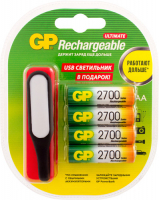 Аккумуляторные батареи GP AA (HR6) 2700 мАч, 4 шт + USB LED фонарь (GP270AAHC/USBLED-2CR4)