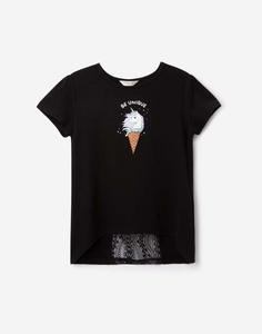 Чёрная футболка с принтом и кружевом для девочки Gloria Jeans