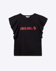 Чёрная футболка с блестящей надписью для девочки Gloria Jeans