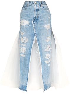 UNRAVEL PROJECT джинсовая юбка с прорезями и вставками из тюля