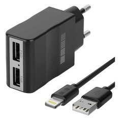 Сетевое зарядное устройство Interstep 30707, 2xUSB, 8-pin Lightning (Apple), 2.1A, черный [is-tc-ipad52krt-000b201]