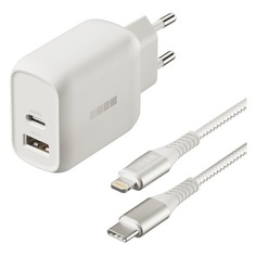 Сетевое зарядное устройство INTERSTEP 71424, USB + USB type-C, 8-pin Lightning (Apple), 3A, белый