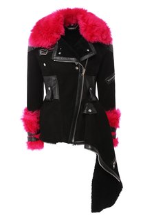 Дубленка асимметричного кроя из овчины с контрастной меховой отделкой