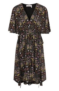 Приталенное мини-платье с v-образным вырезом и принтом