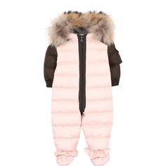 Пуховый комбинезон с пинетками и меховой отделкой на капюшоне Moncler Enfant